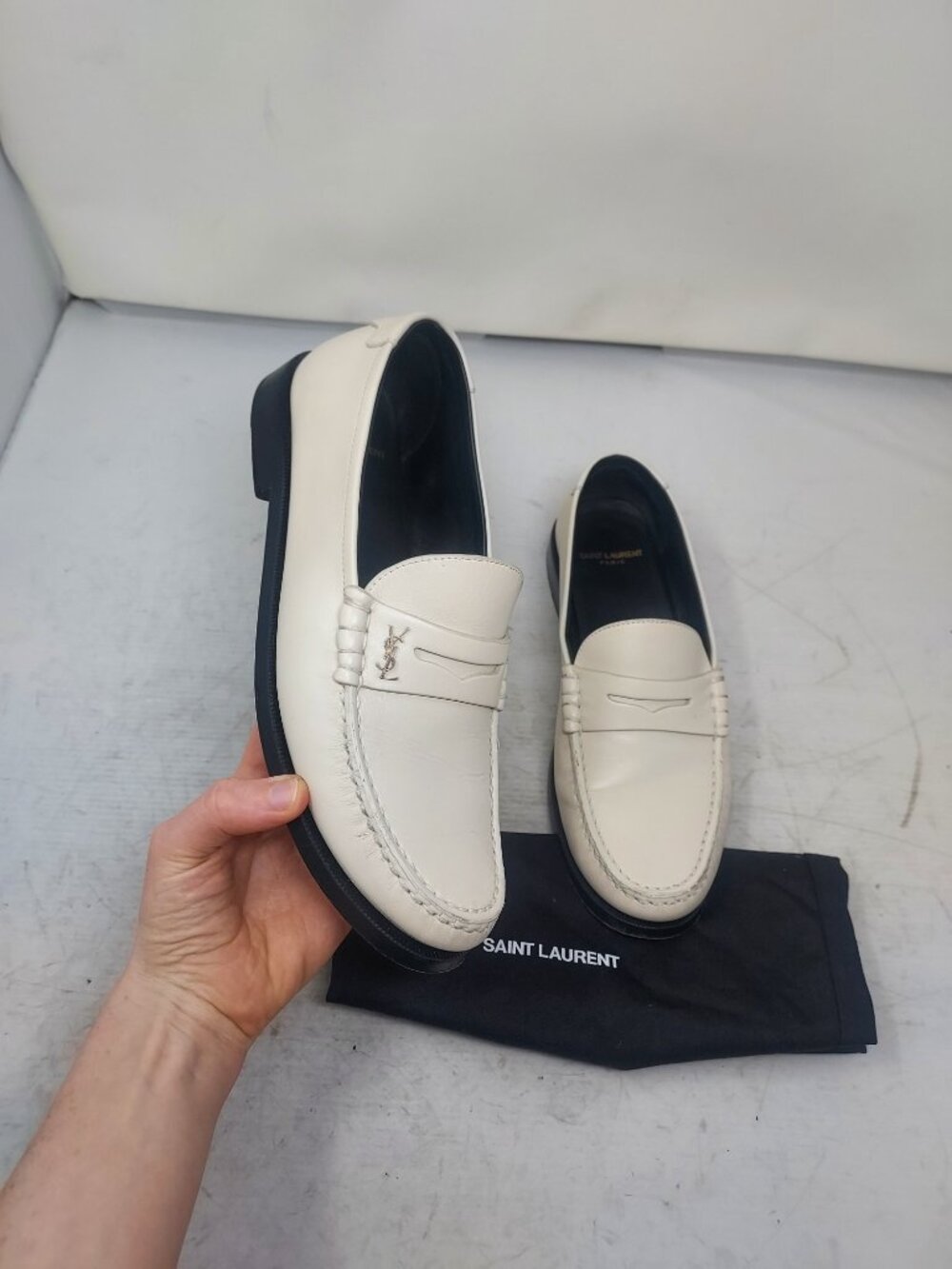 YSL Yves Saint Laurent WOMENS White Monogram Logo Penny Loafer - Picture 5 of 13